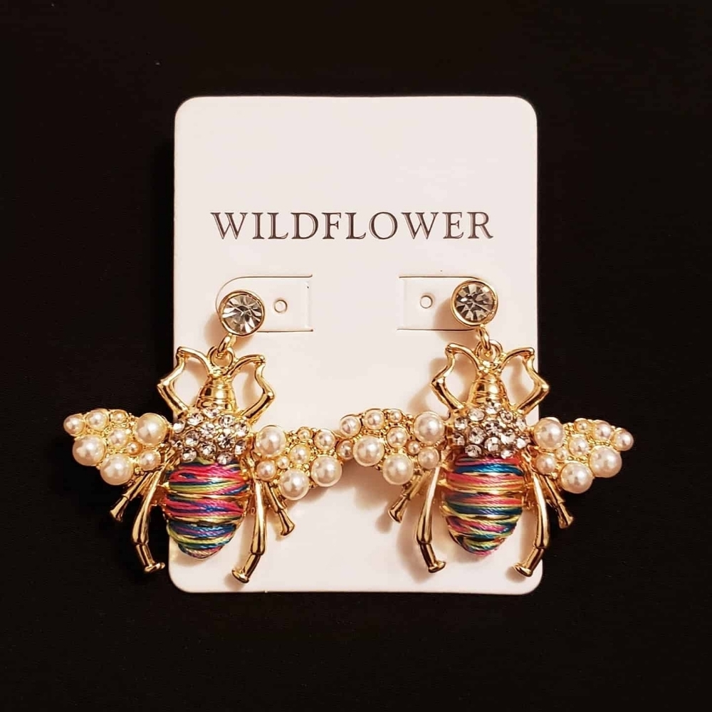 Quirky Gold Bumblebee Rhinestone & Pearl Earrings